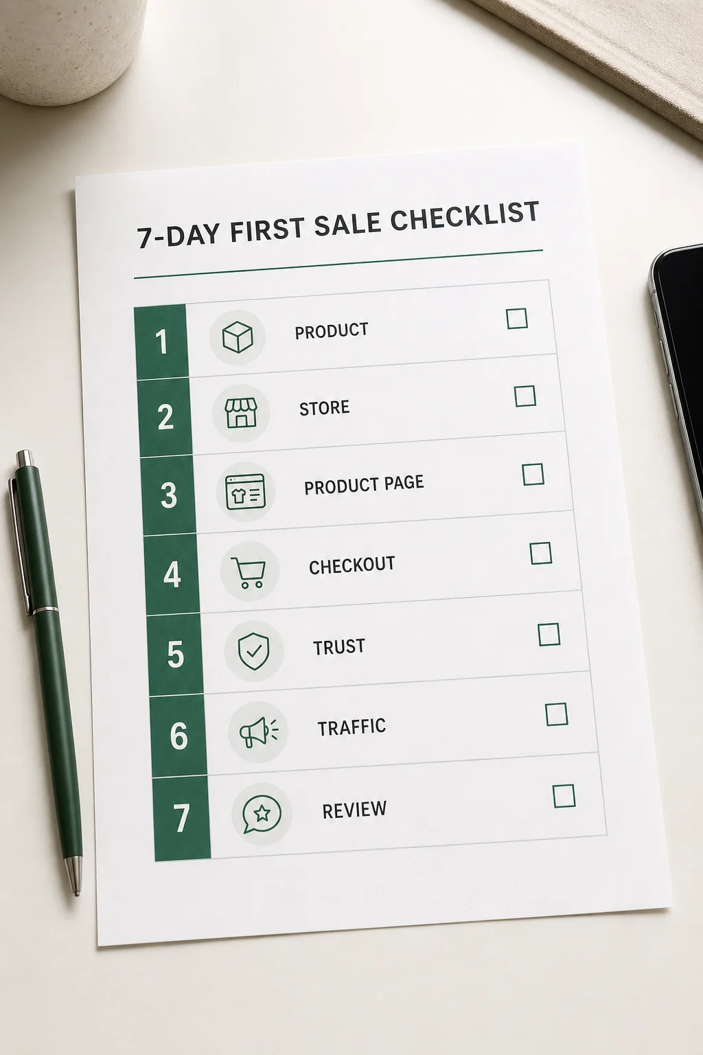 Printed 7-day ecommerce checklist with steps for product, store, product page, checkout, trust, traffic, and review