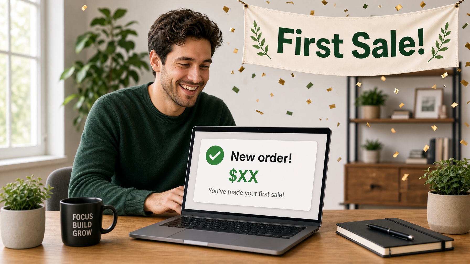 Smiling person at a laptop under a First Sale banner, with a mocked order confirmation on screen